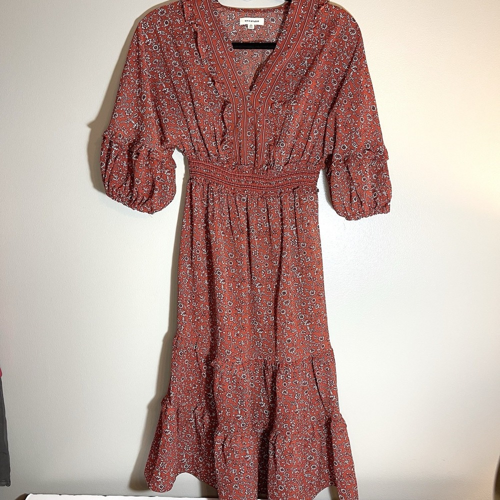 Max Studio Dress Red White Smock Waist V Neck 3/4 Sleeve Midi XS